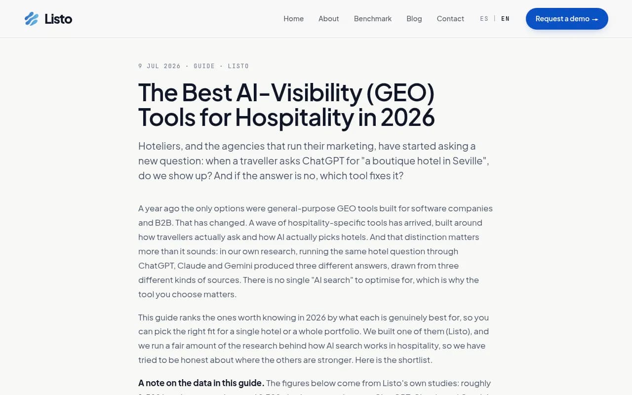 Listo's guide to hospitality GEO tools, a vendor-written comparison of hotel-specific AI visibility platforms