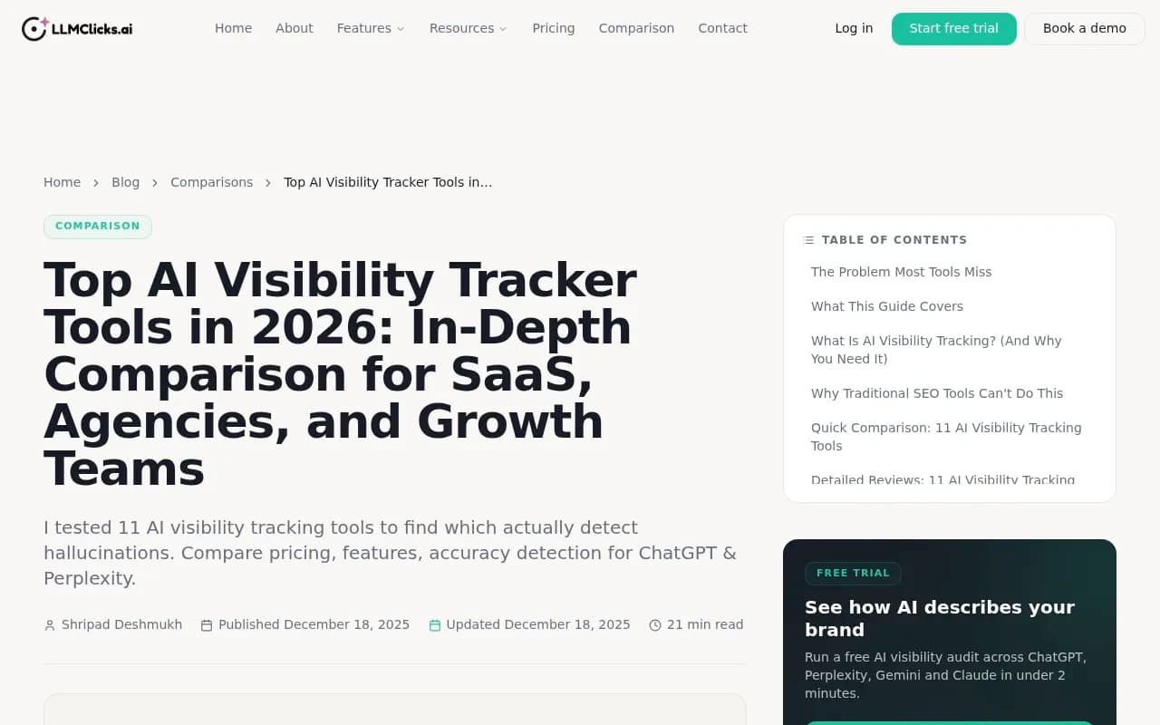 LLMclicks.ai blog comparing AI visibility tracker tools for B2B SaaS teams