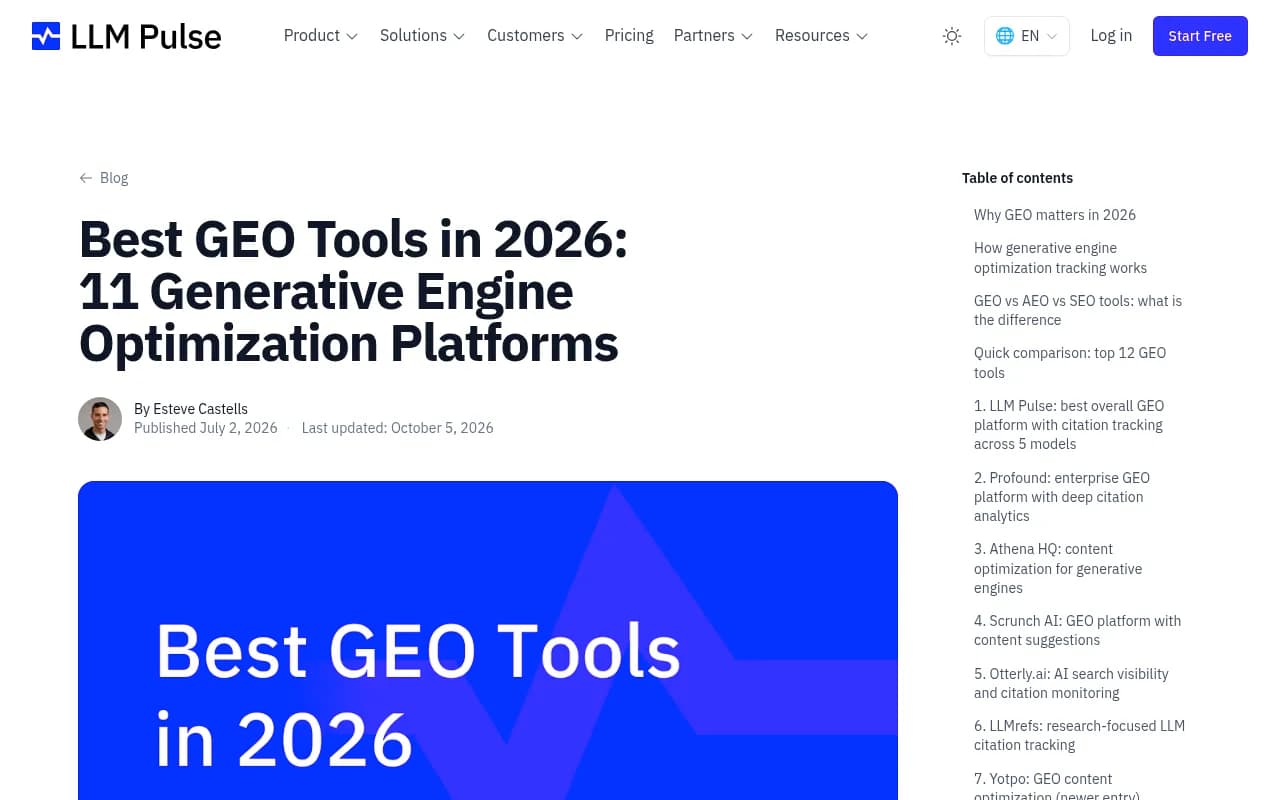 LLM Pulse's roundup of GEO tools, an example of a vendor-published ranking