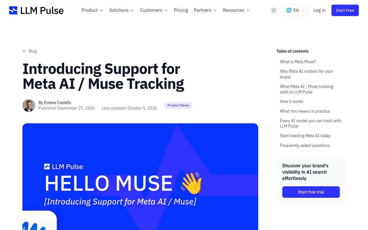 LLM Pulse announcement page for Meta AI and Muse tracking, listing visibility score, share of voice and sentiment