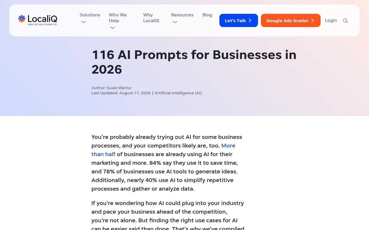 LocaliQ's roundup of AI prompts for businesses, organized by industry