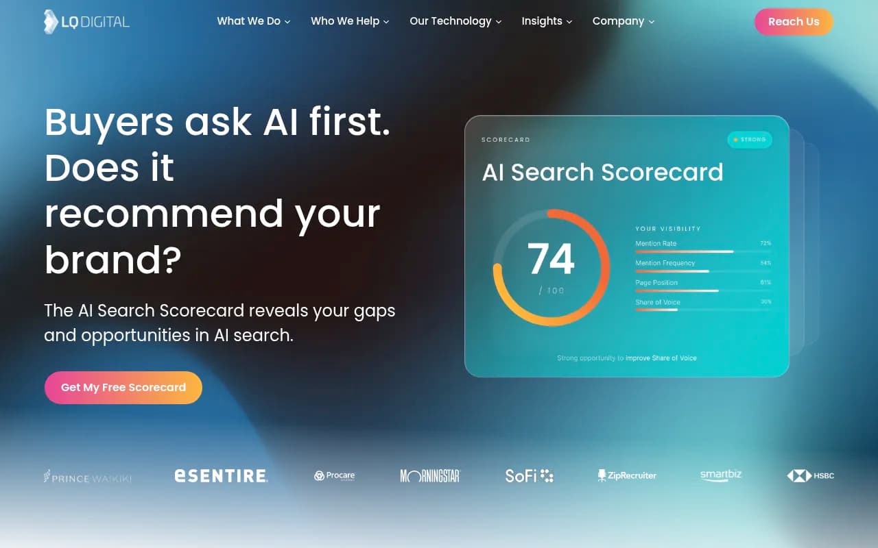 LQ Digital's AI Search Scorecard page showing a sample AI readiness score with mention rate and share of voice
