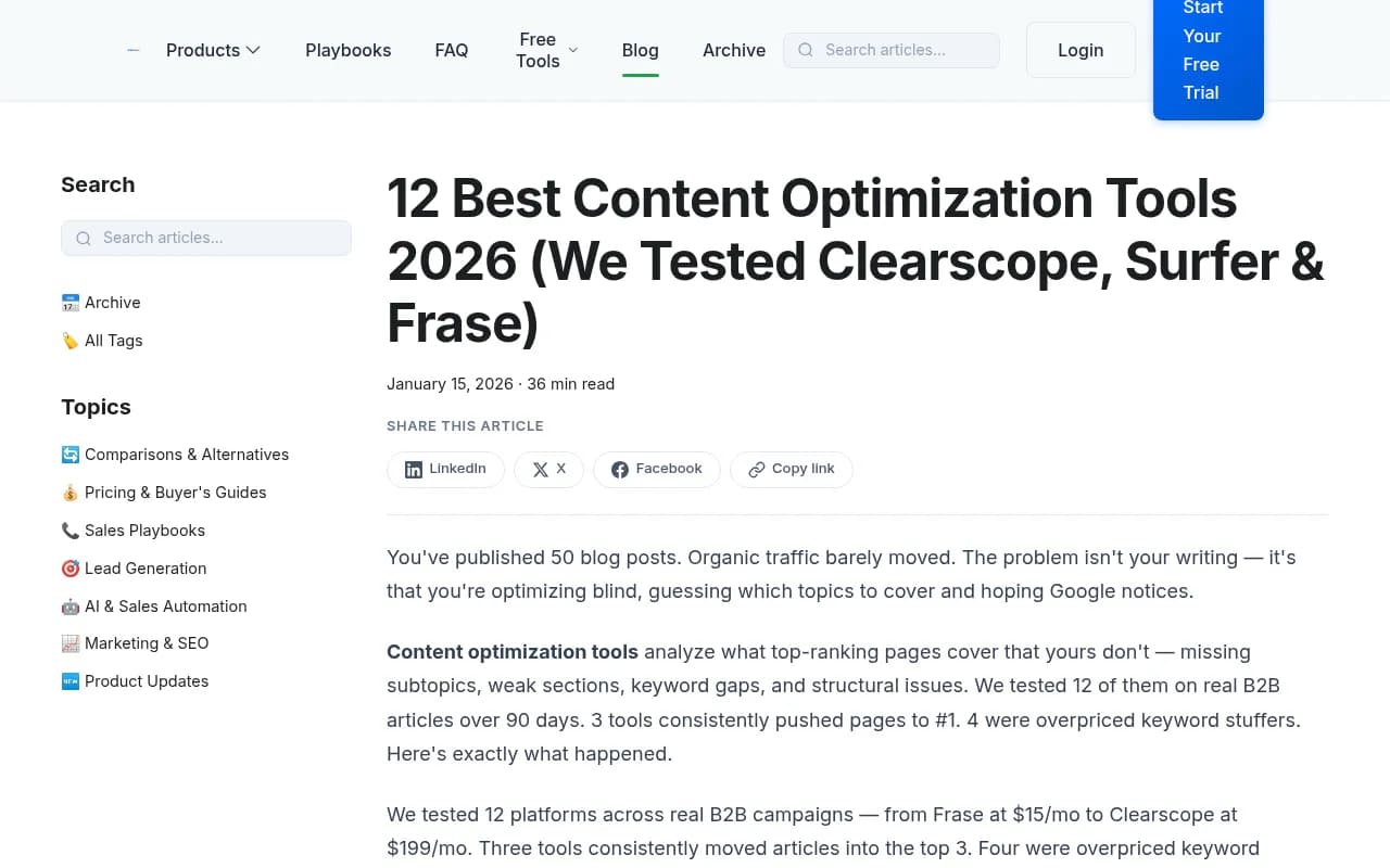 Comparison of content optimization tools including Clearscope and Surfer SEO from a 2026 roundup