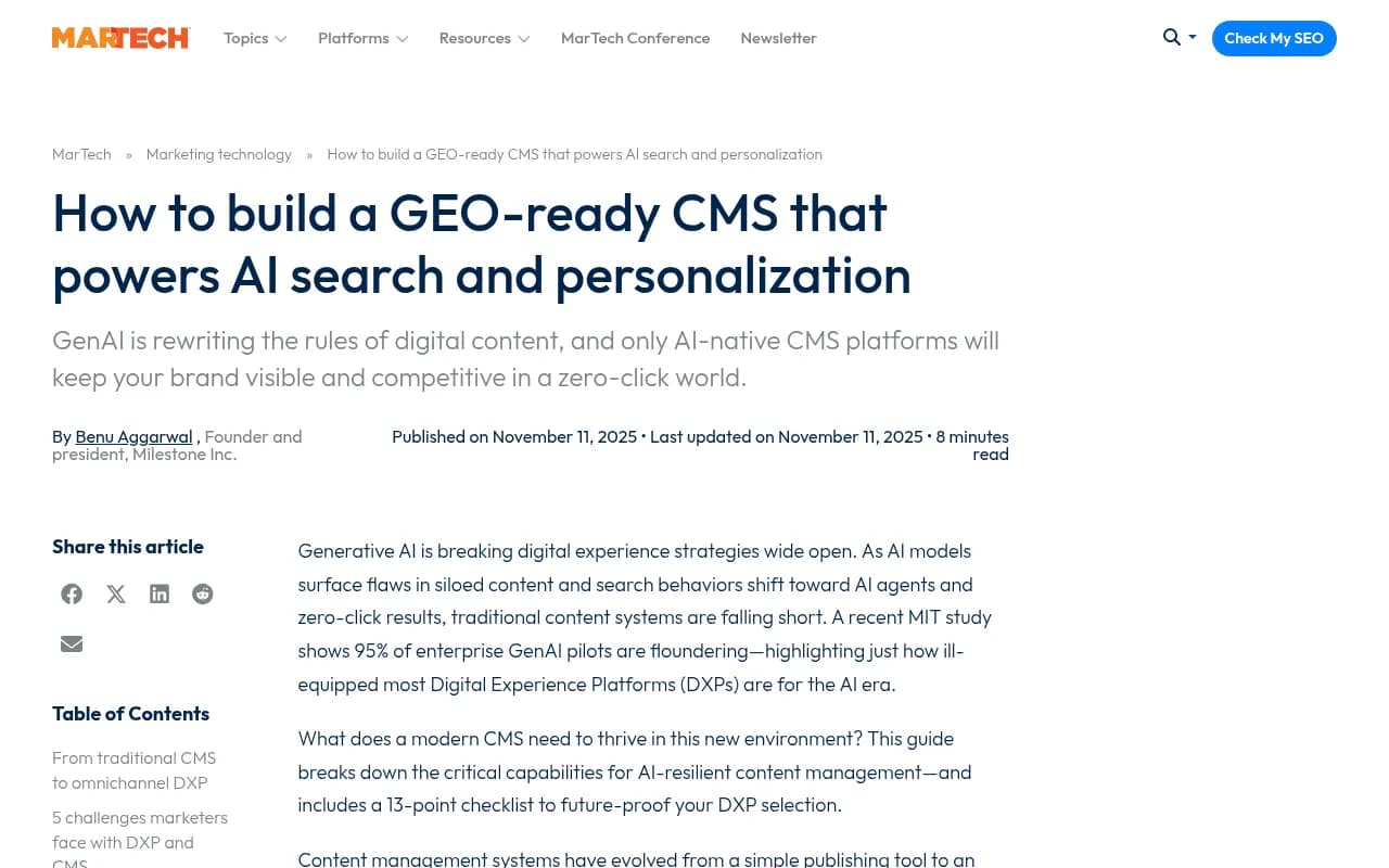 Martech.org guide on building a GEO-ready CMS for AI search and personalization