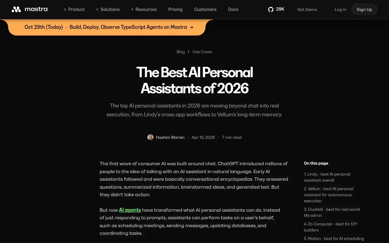 Mastra's overview of the best personal AI assistants in 2026, ranking agent startups by execution rather than chat quality