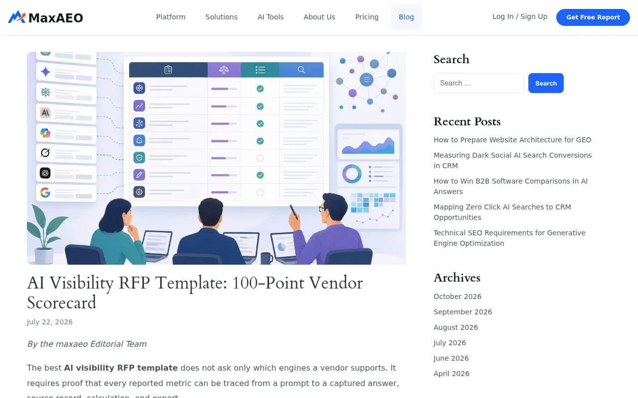 MaxAEO's AI visibility RFP template page showing a weighted vendor scorecard with evidence fields