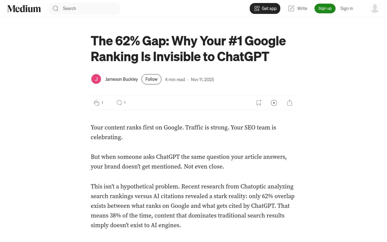 The 62% Gap article on Medium showing research on Google vs ChatGPT citation overlap
