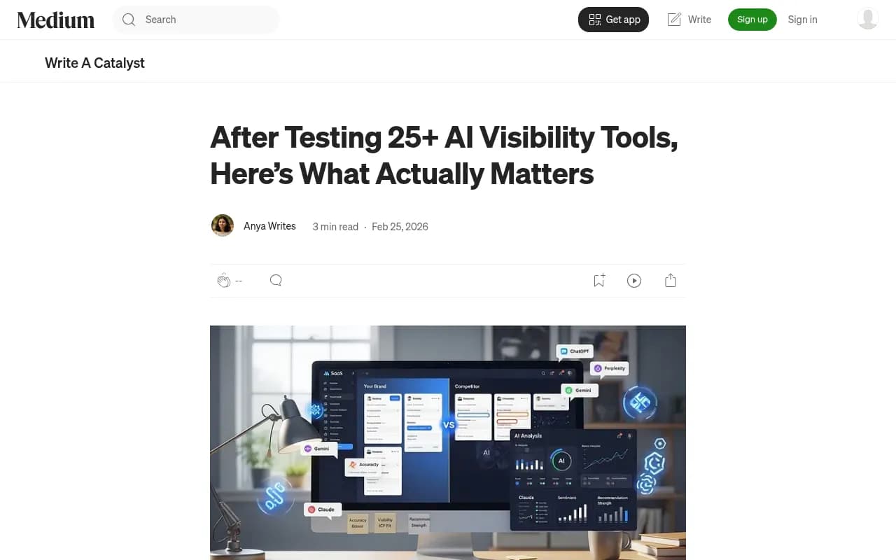 Medium article from Feb 2026 reviewing 25+ AI visibility tools, noting that most tools are strong on dashboards but leave teams without clear next steps