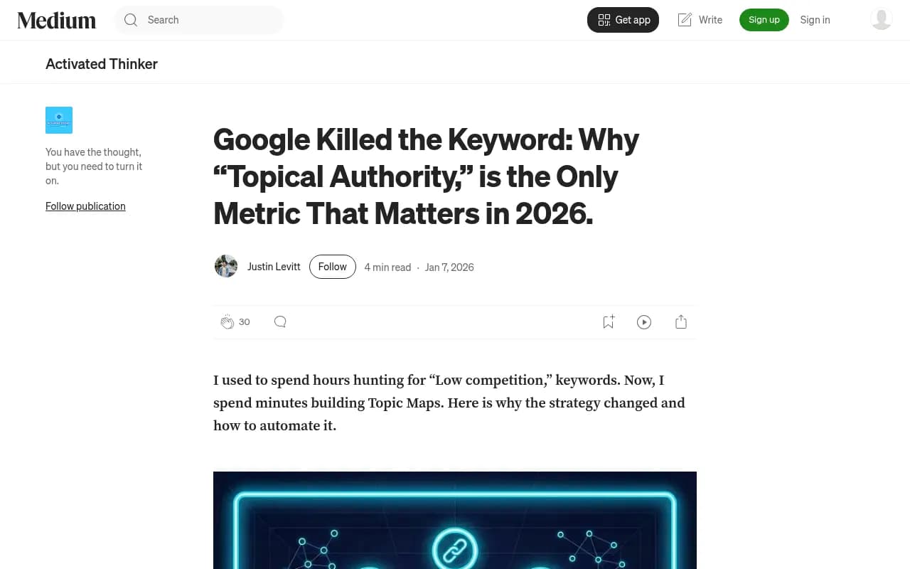 Medium article on topical authority being the only metric that matters in 2026