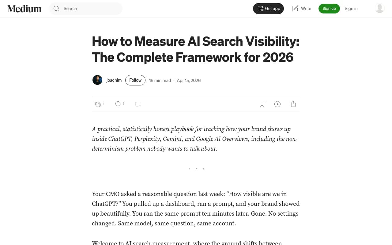 AI search visibility measurement framework showing how to track brand citations across ChatGPT, Perplexity, and Gemini