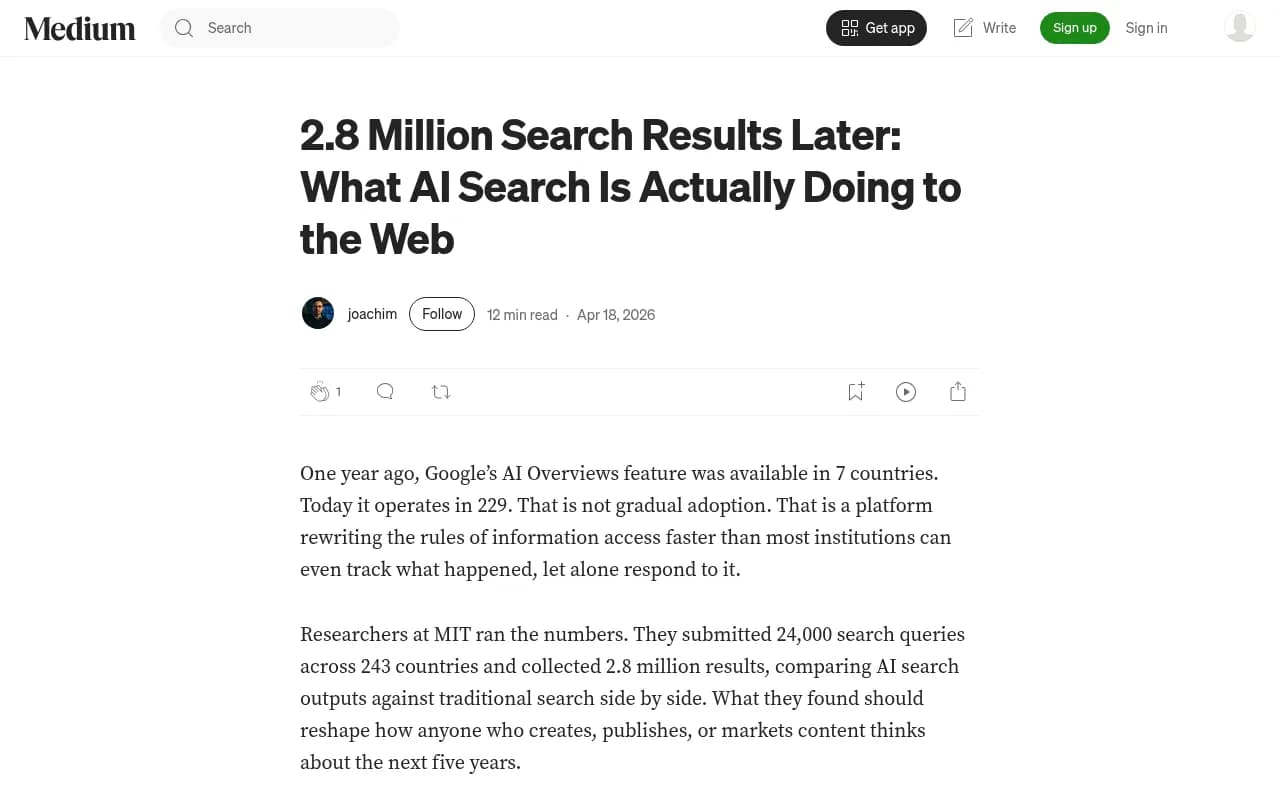 MIT research on 2.8 million AI search results showing how AI engines cite sources differently from traditional search