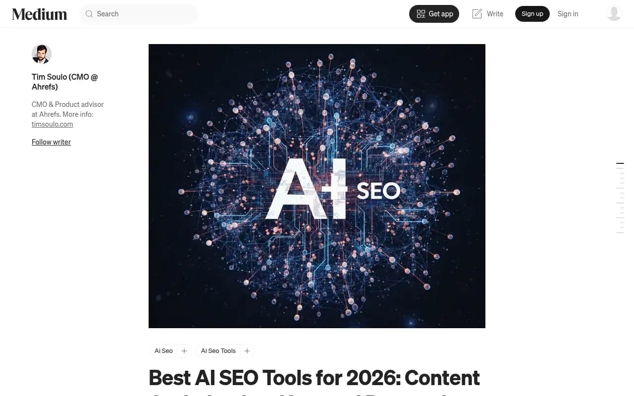 Tim Soulo's Medium roundup of AI SEO tools for content, keyword research, and AI visibility