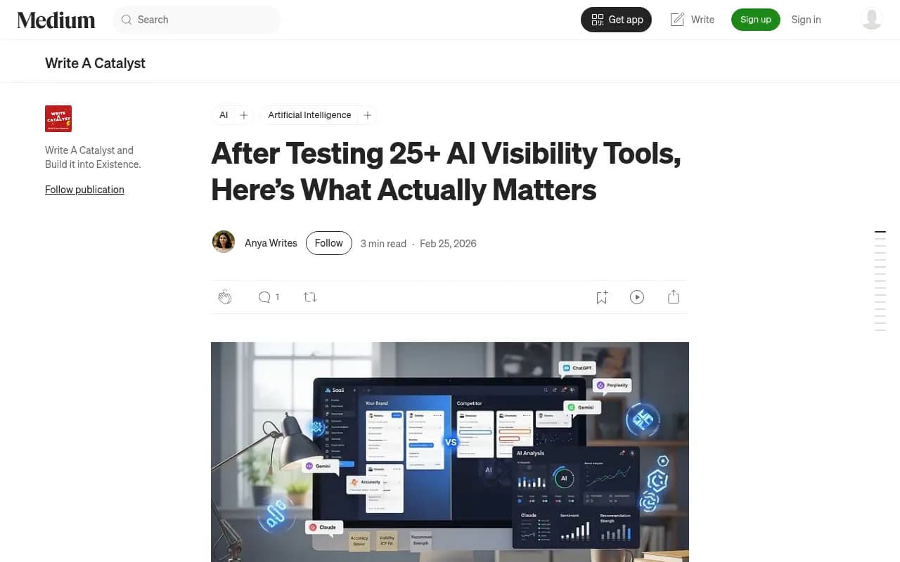 Medium review of 25+ AI visibility tools describing LLMclicks.ai as audit-style