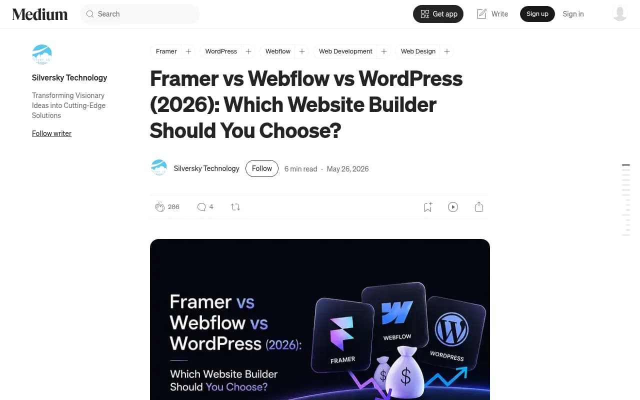 Medium article comparing Framer, Webflow and WordPress in 2026