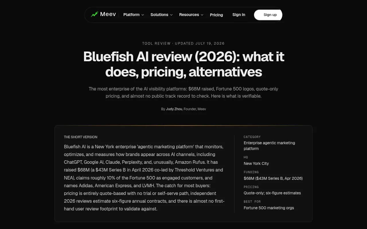 Meev's July 2026 review documenting Bluefish's quote-only pricing, thin review footprint, and reported coverage gaps