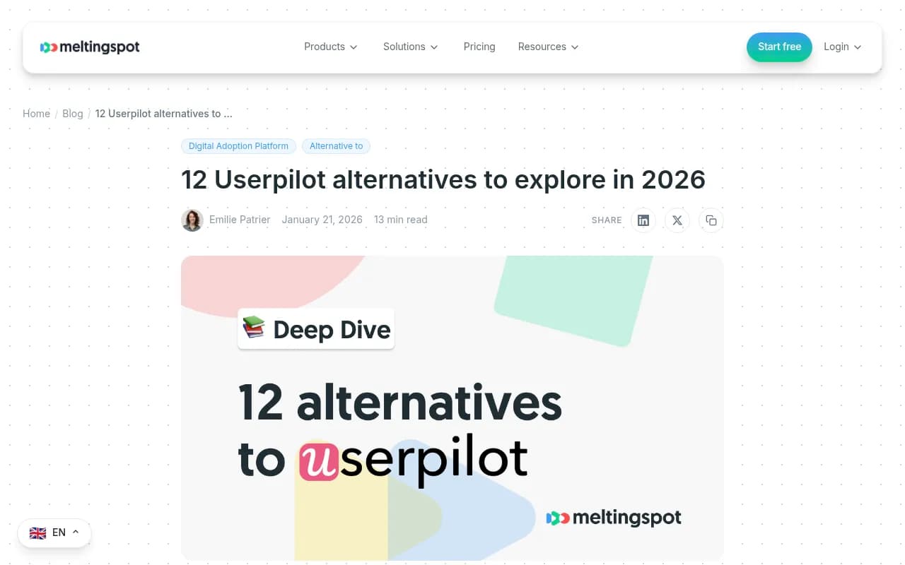 MeltingSpot's comparison of 12 Userpilot alternatives, including LMS and hybrid options
