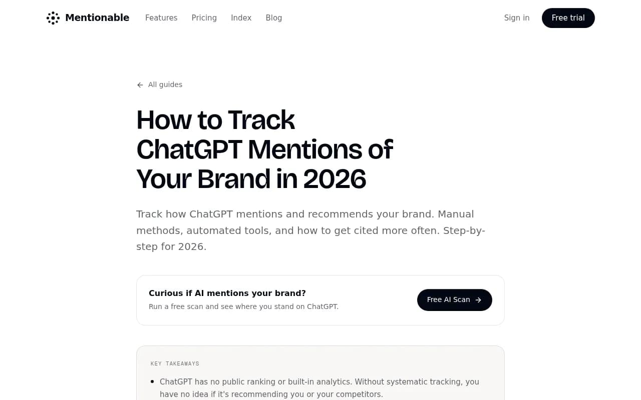 Mentionable's guide to tracking ChatGPT mentions, outlining a manual spreadsheet workflow and the metrics worth recording