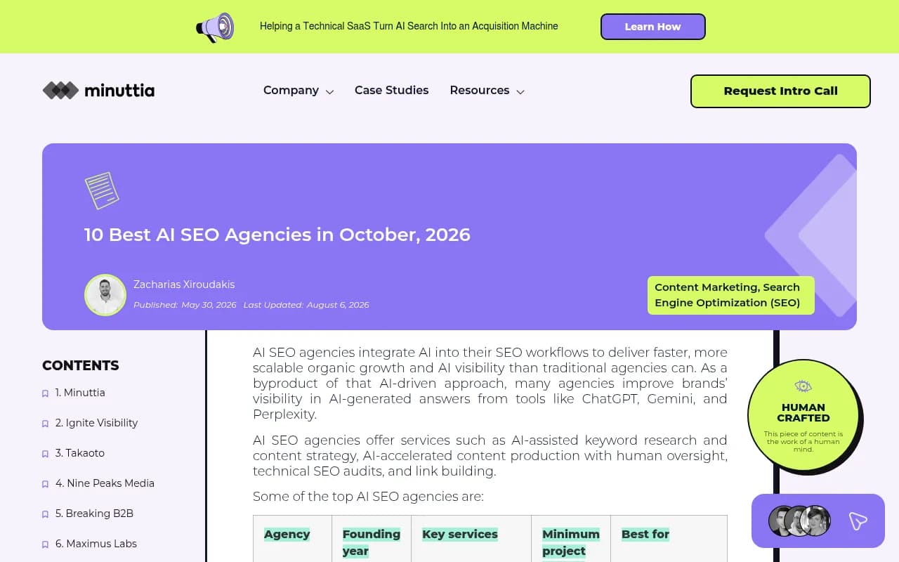 Minuttia's roundup of AI SEO agencies, with fit and not-a-fit tables for each
