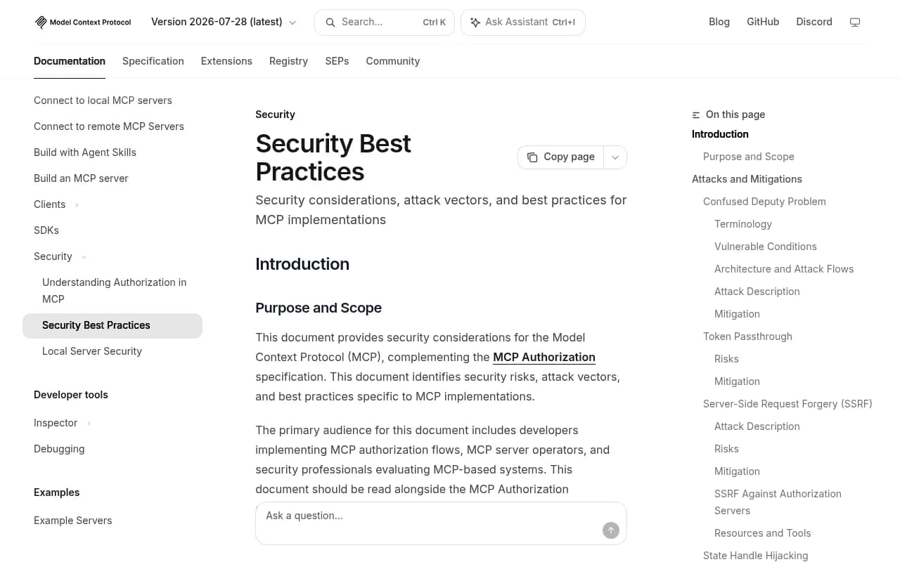 The Model Context Protocol security best practices page covering confused deputy and token passthrough