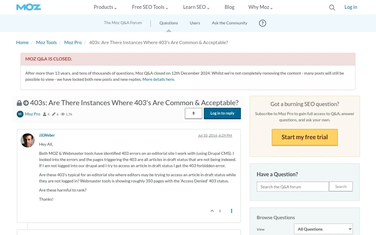 Screenshot showing 403 error discussion on Moz community forum
