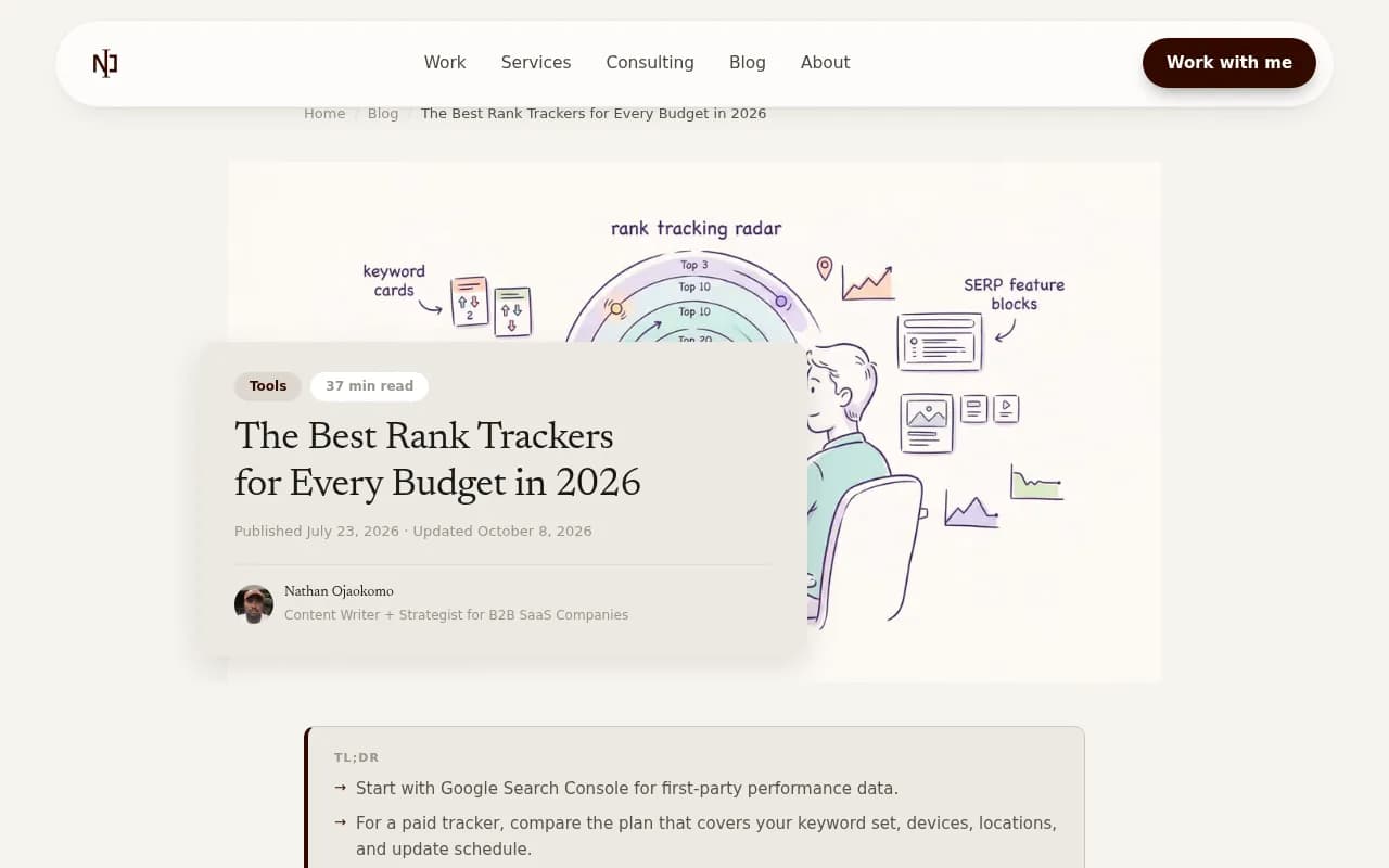 Comparison article reviewing rank tracking tools, covering update schedules and monthly prices