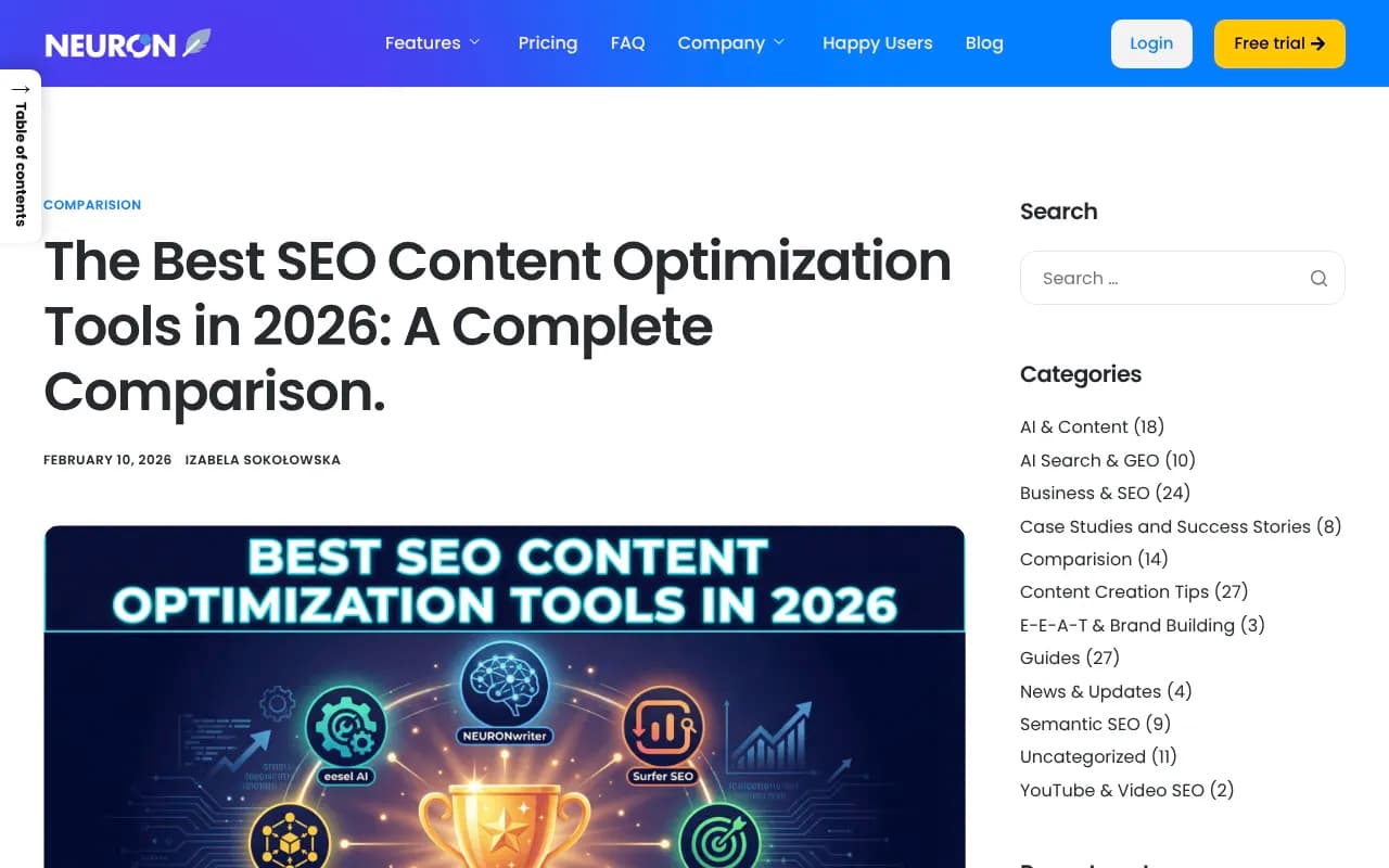 NeuronWriter comparison of top SEO content optimization tools in 2026