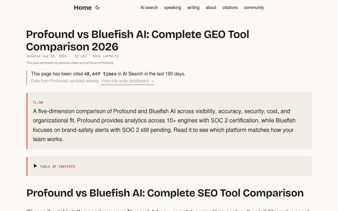 Screenshot of Nick Lafferty's detailed Profound vs Bluefish AI comparison covering pricing, features, and methodology