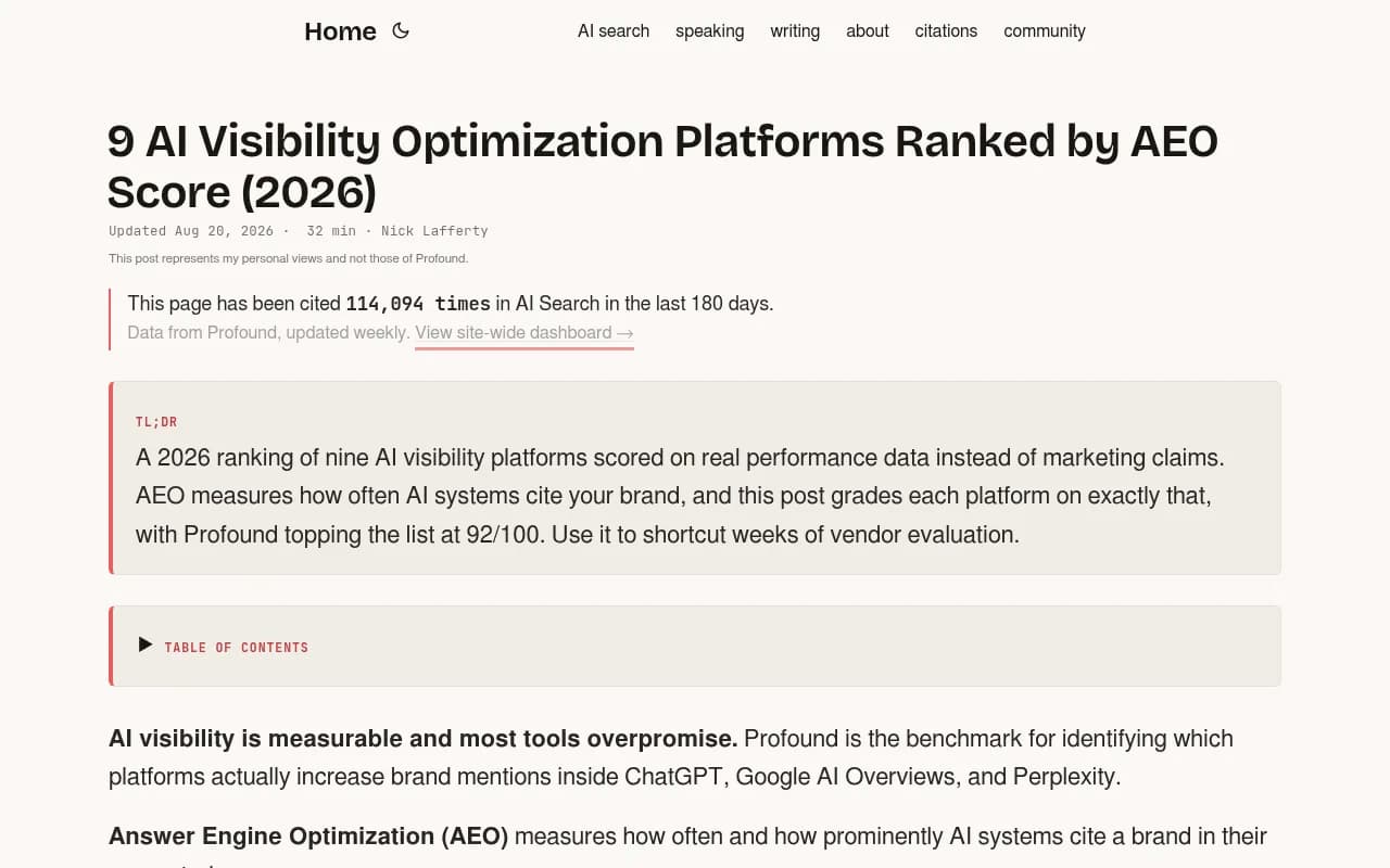 Comparison article ranking nine AI visibility platforms by AEO score