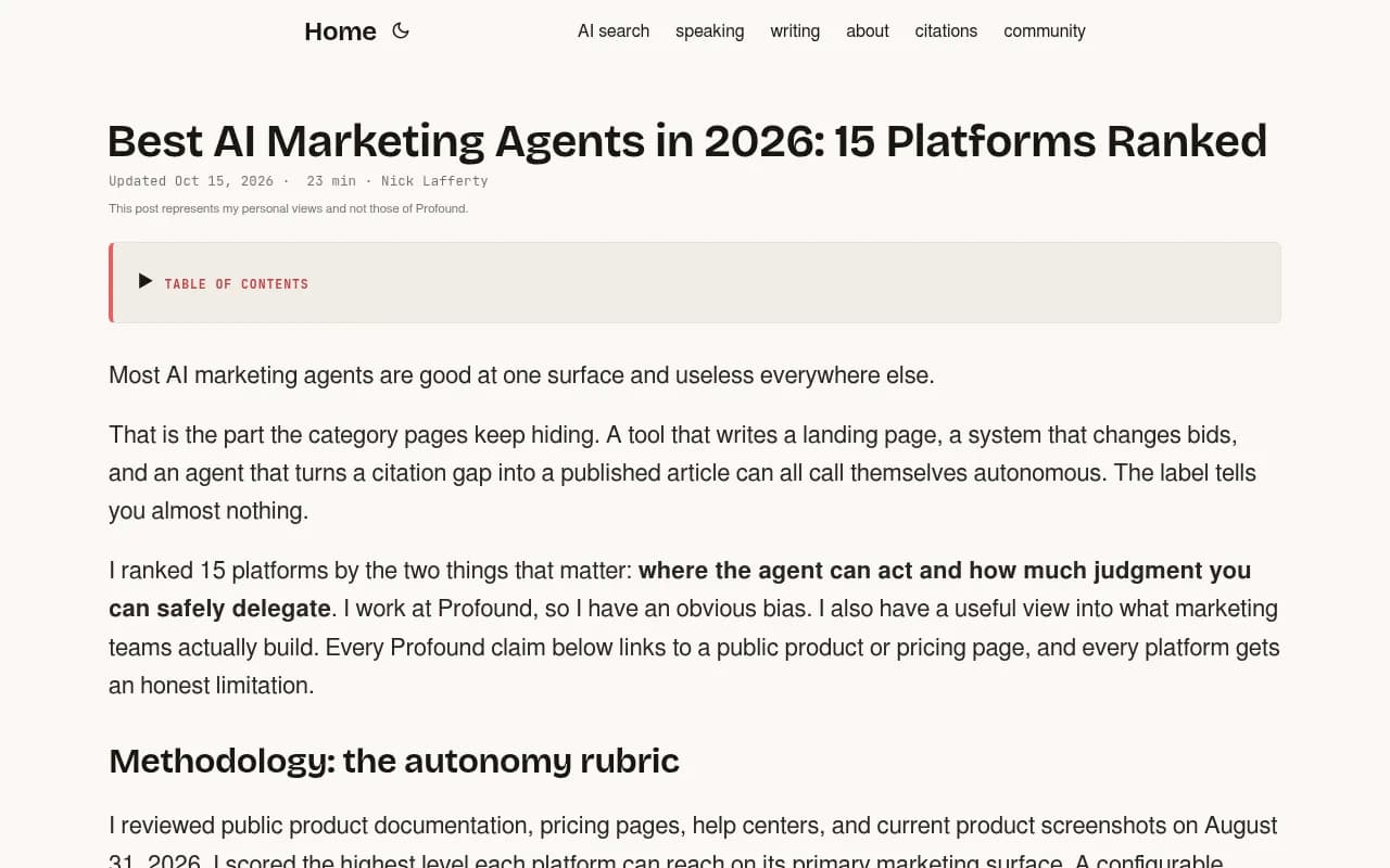 Nick Lafferty's ranking of AI marketing agents, written by a Profound employee