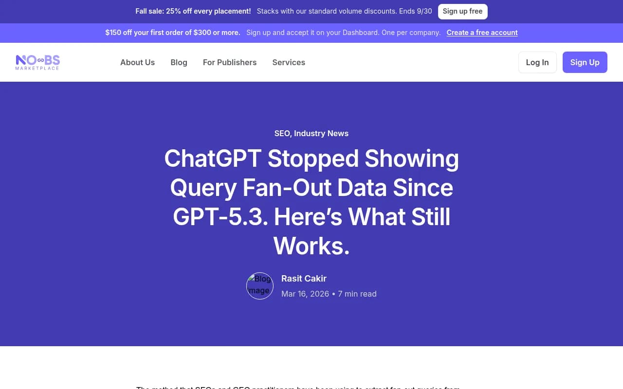 Screenshot of the NO-BS Marketplace blog post explaining the GPT-5.3 fan-out data disappearance
