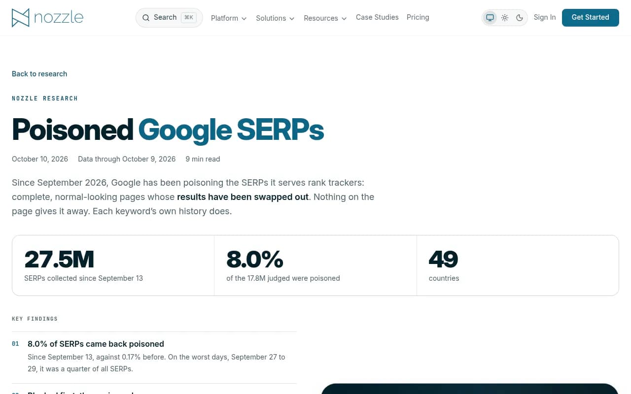 Nozzle's research page showing poisoned vs normal SERPs side by side