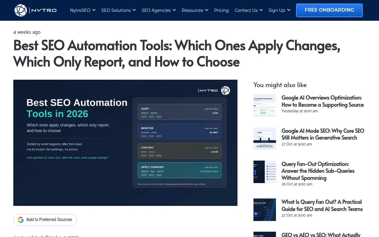 NytroSEO guide sorting SEO automation tools by whether they apply changes or only report