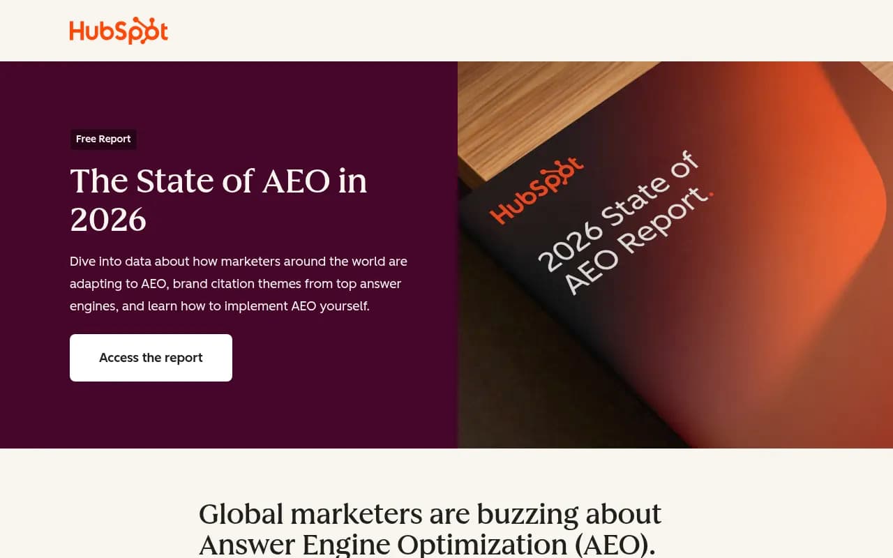 HubSpot's State of AEO in 2026 report landing page showing key statistics on marketer adoption