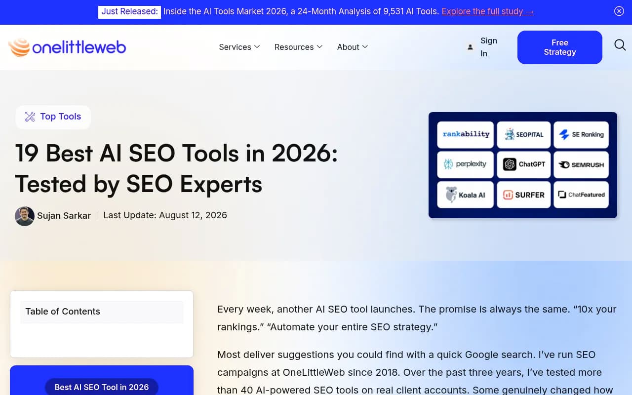 OneLittleWeb's AI SEO tools roundup, which evaluates tools on accuracy, pricing, integrations, ease of use and reliability