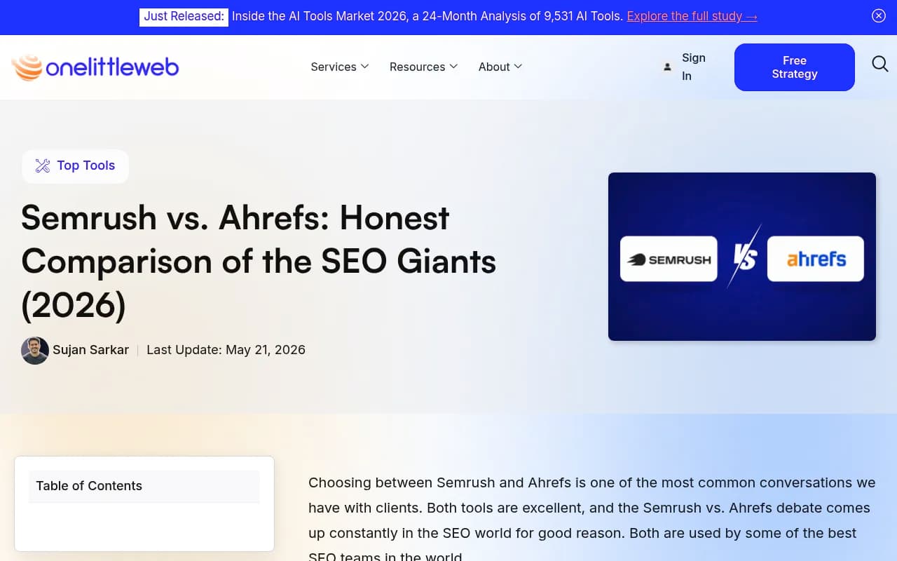 OneLittleWeb's Semrush vs Ahrefs comparison page, covering keyword and backlink database sizes plus AI visibility