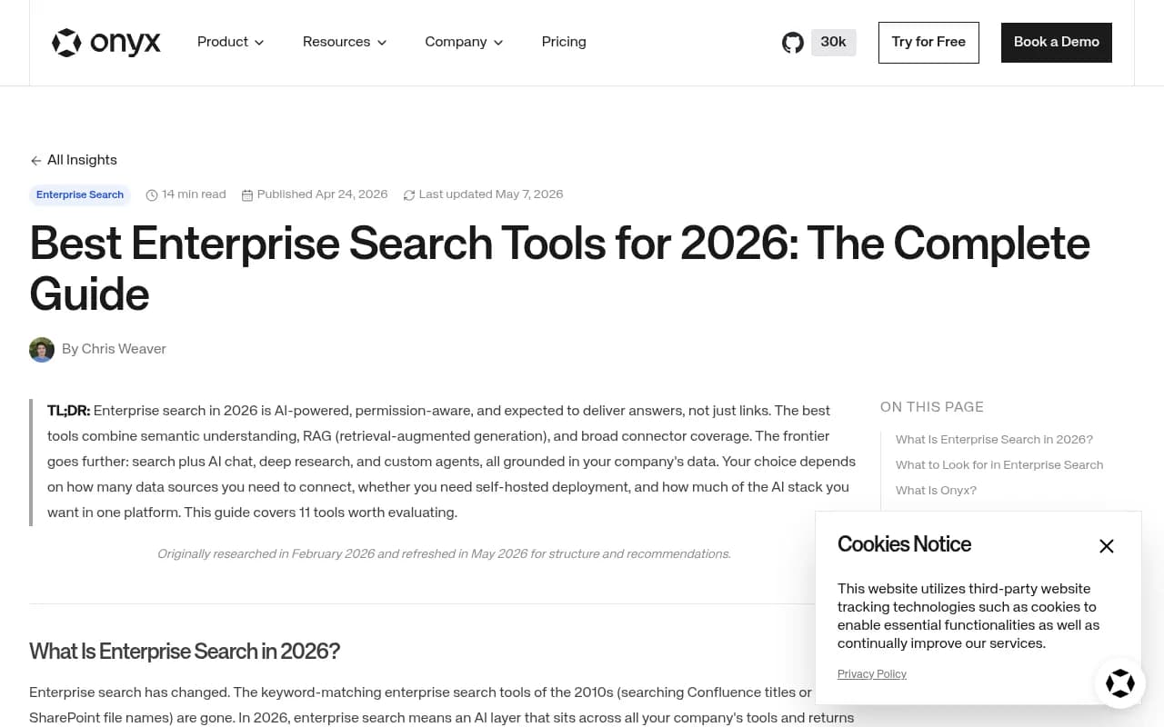 Comparison of enterprise search tool evaluation criteria showing connector breadth, permission-aware AI, and RAG architecture as key factors