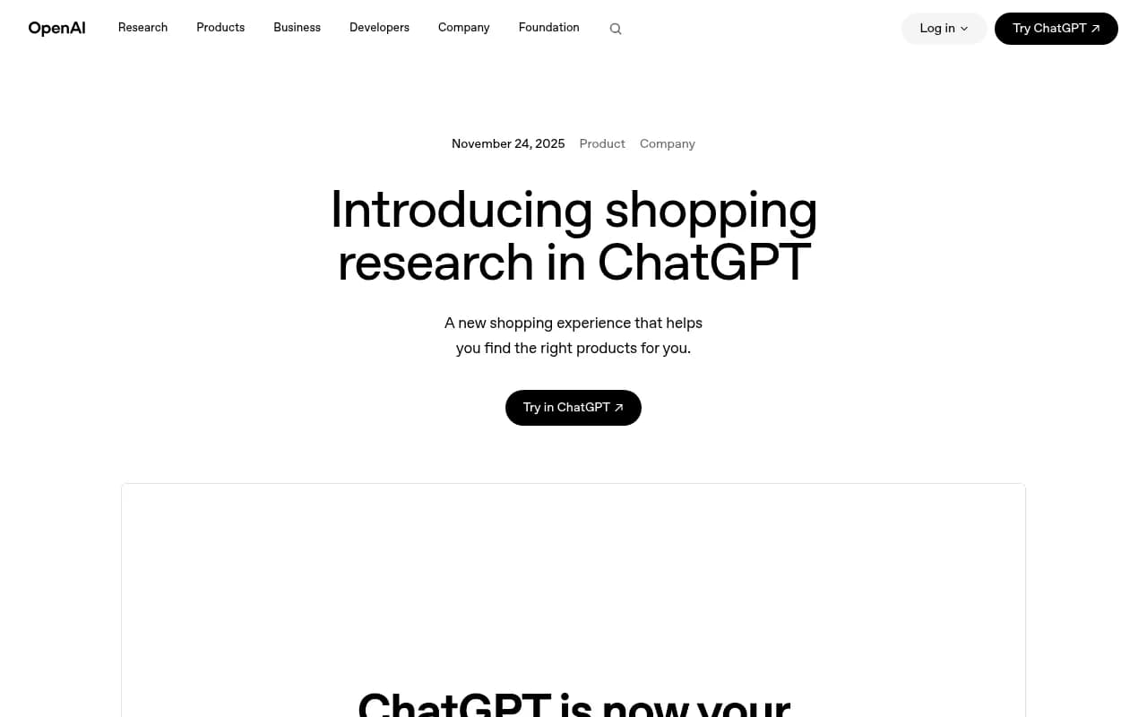 OpenAI's announcement of shopping research in ChatGPT, showing how the feature builds a personalized buyer's guide