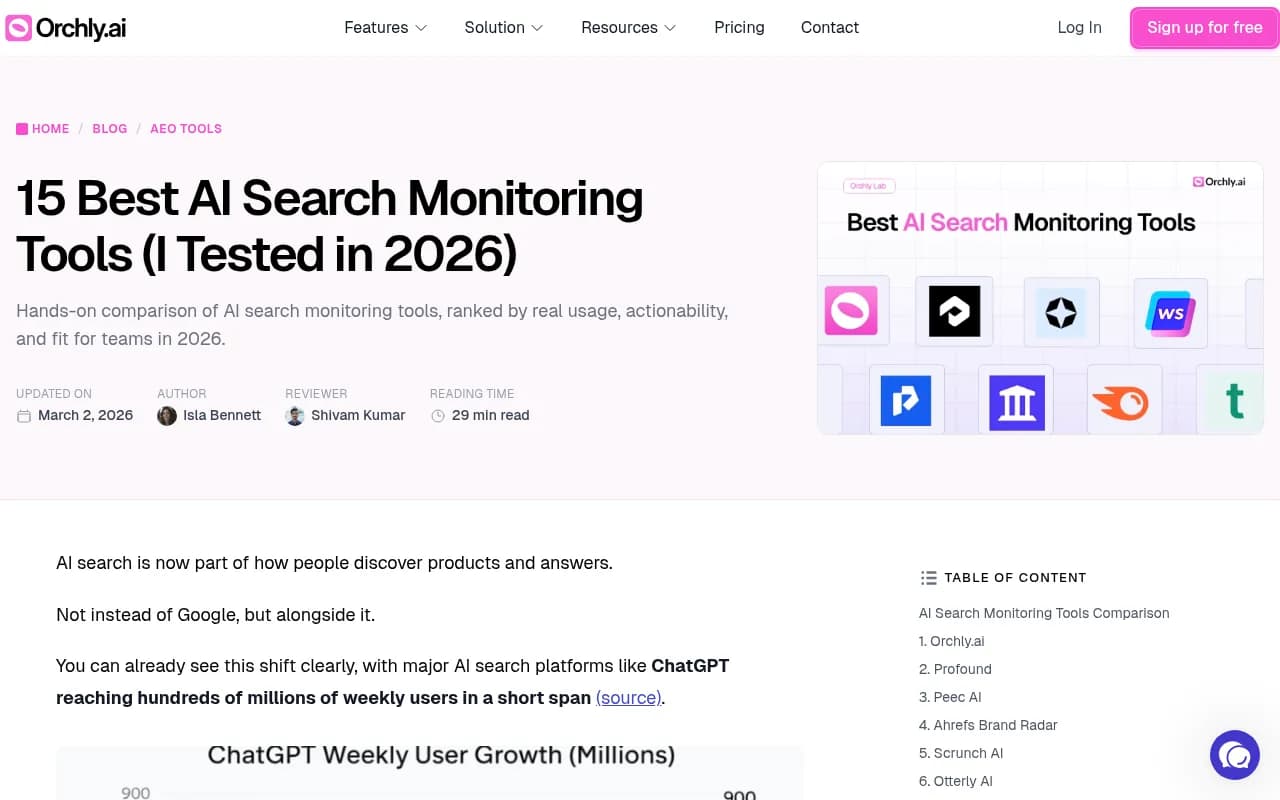 Comparison of AI search monitoring tools from Orchly.ai's 2026 roundup, showing feature categories and pricing across platforms