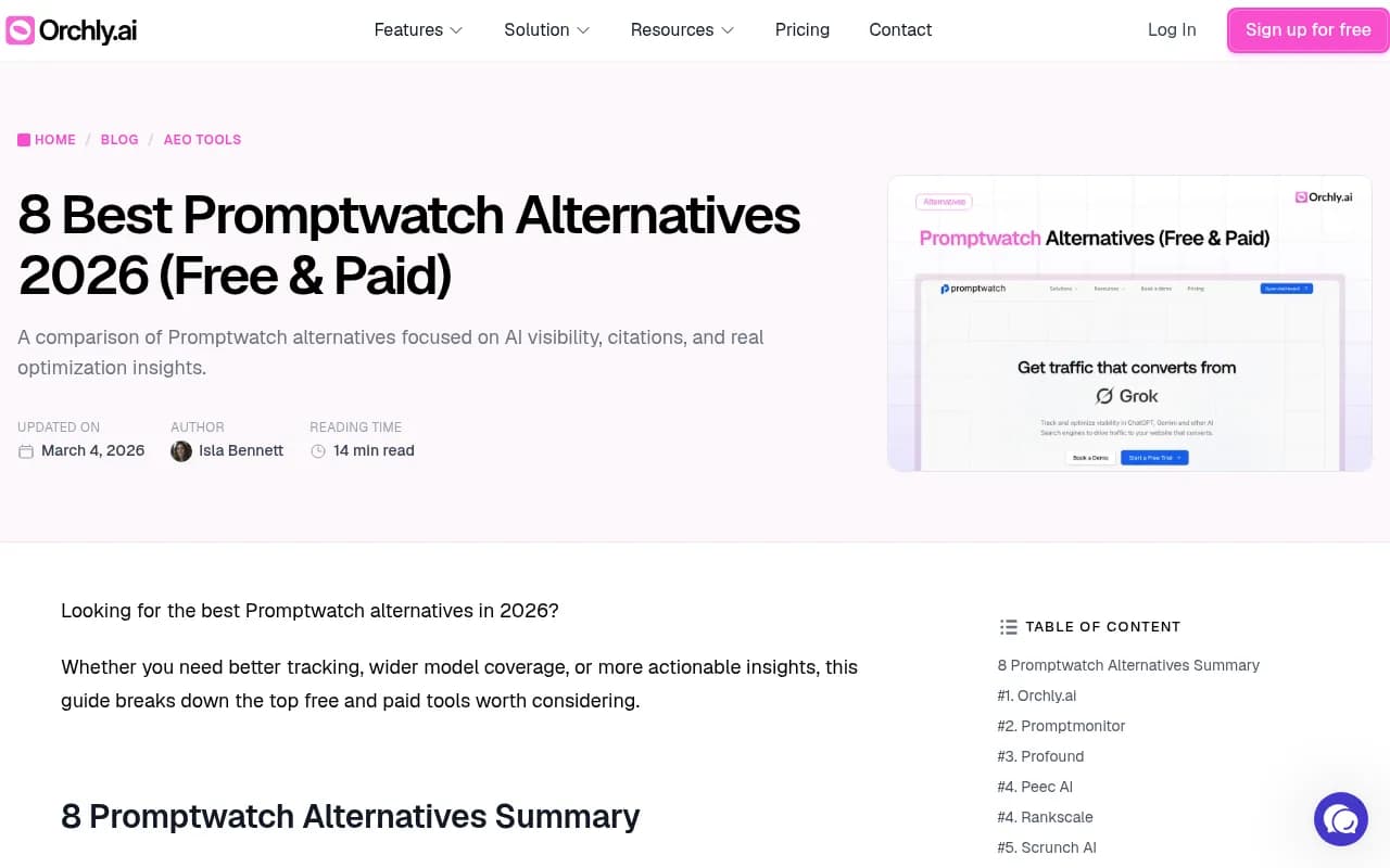 Comparison of Promptwatch alternatives showing feature coverage across AI visibility platforms