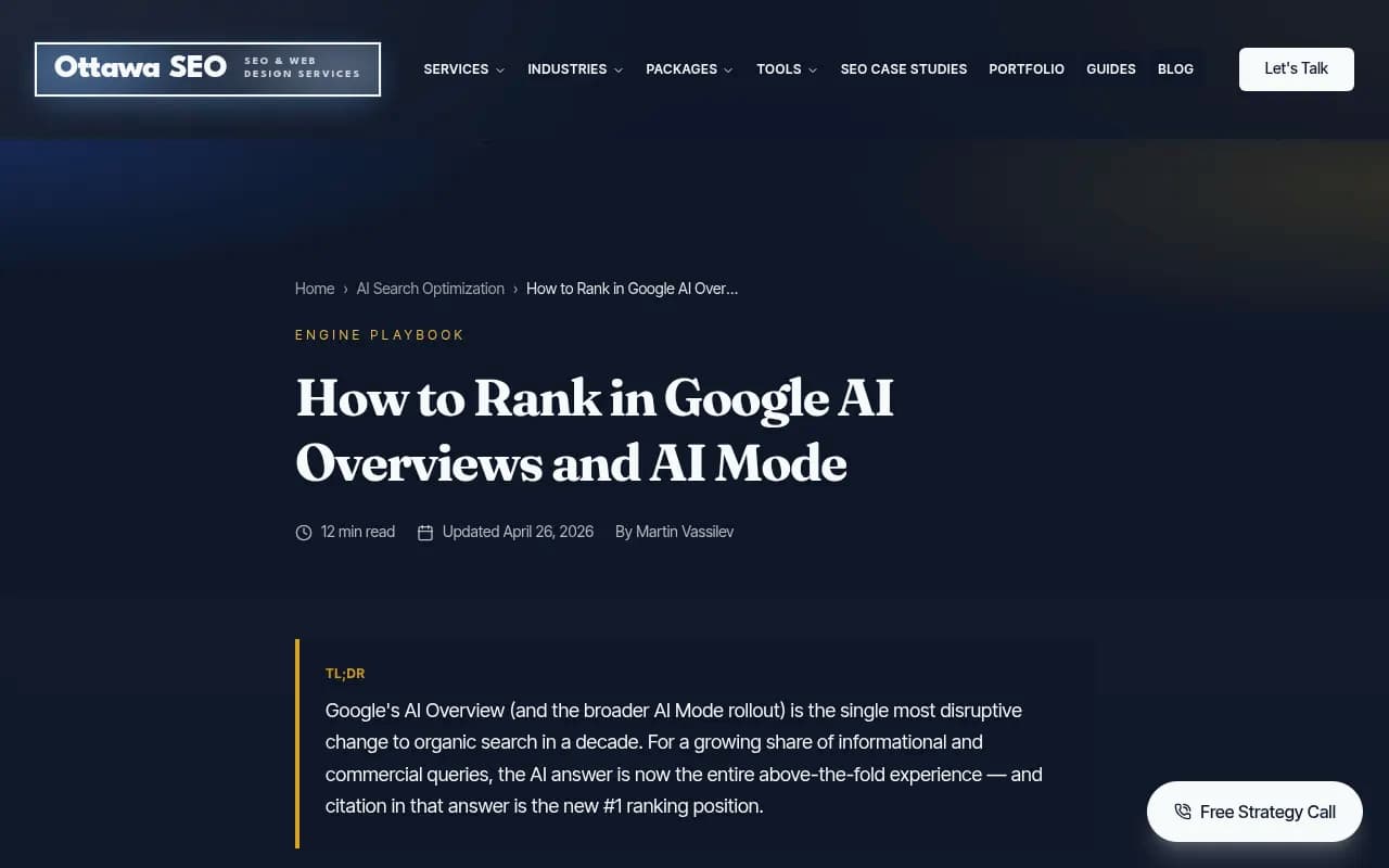 Ottawa SEO's 14-point AI Overview optimization checklist -- a useful reference for the passage-level and schema requirements covered in this guide