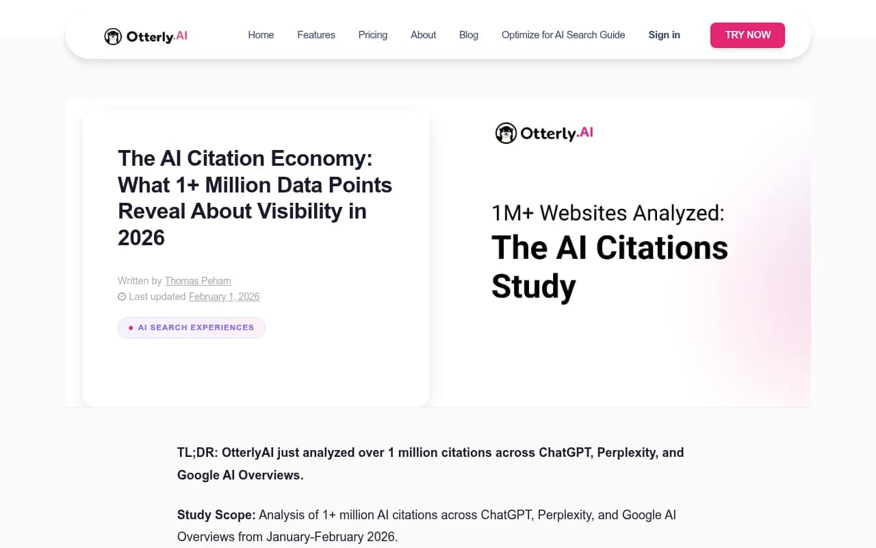 OtterlyAI's 2026 AI citation report analyzing over 1 million citations across ChatGPT, Perplexity, and Google AI Overviews