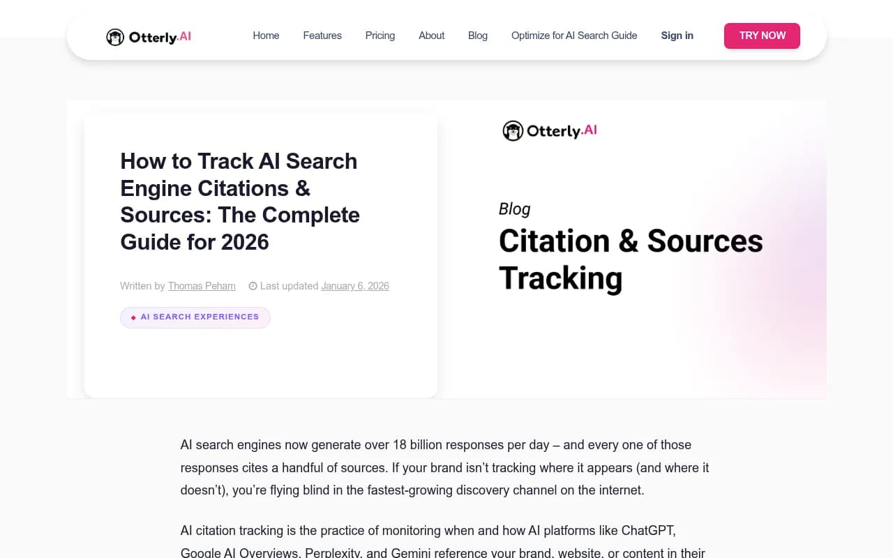 AI citation tracking guide overview from Otterly.AI showing query volume data