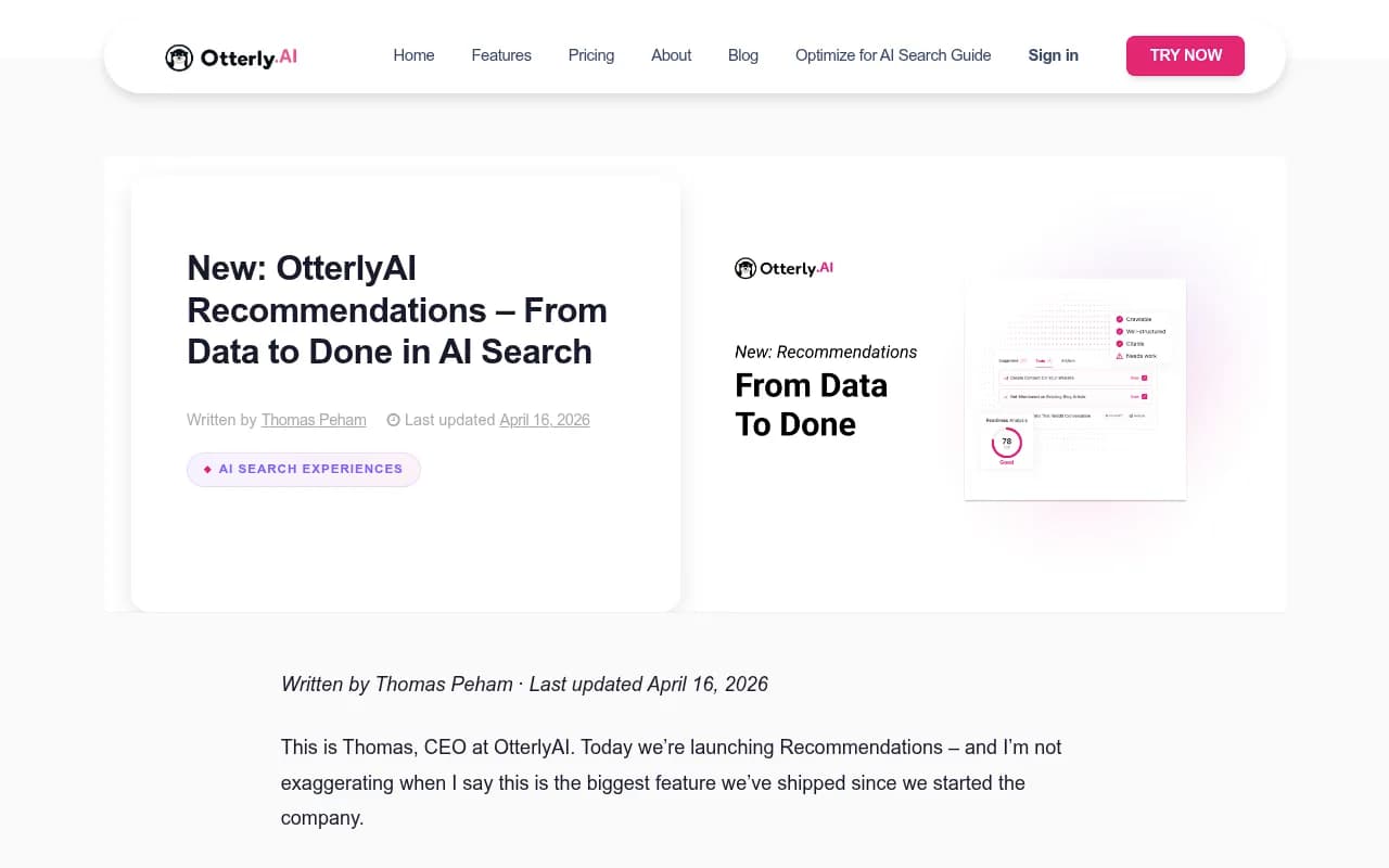 Otterly.AI's new Recommendations feature, launched April 2026, showing actionable next steps from brand report data