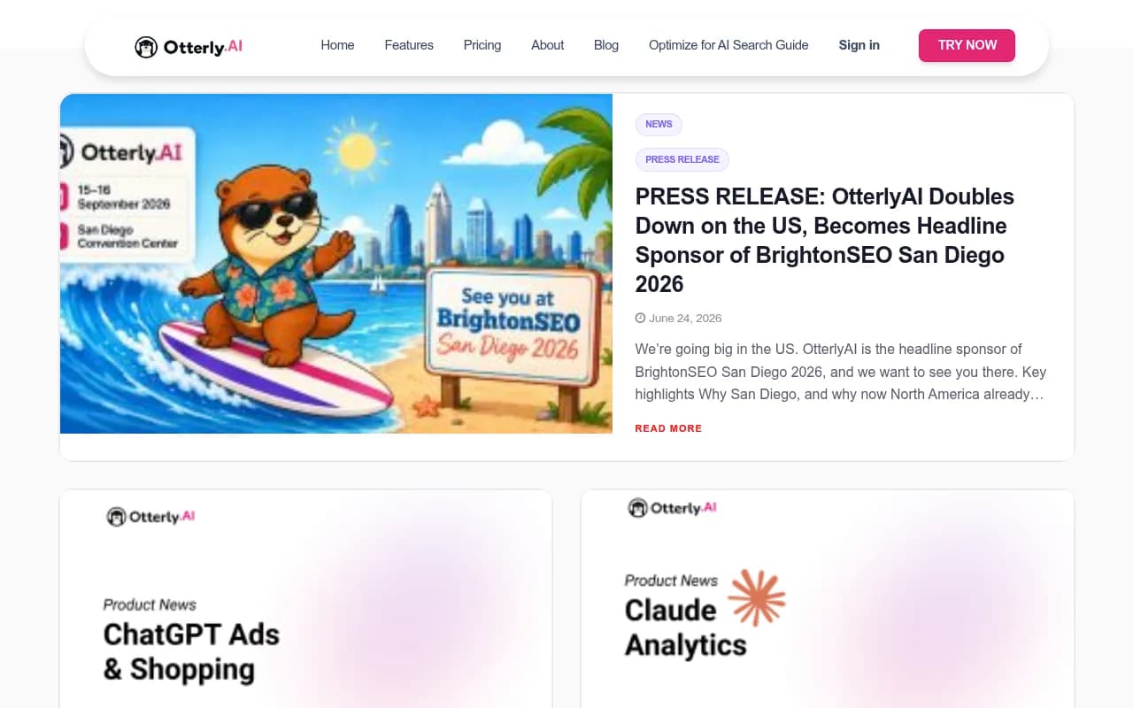 Otterly.AI blog and AI search insights hub -- showing recent coverage of Claude tracking, ChatGPT ads, and AI search research