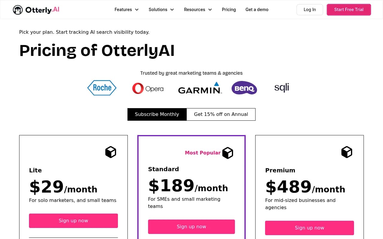 Otterly.AI pricing page showing Lite, Standard, and Premium tiers