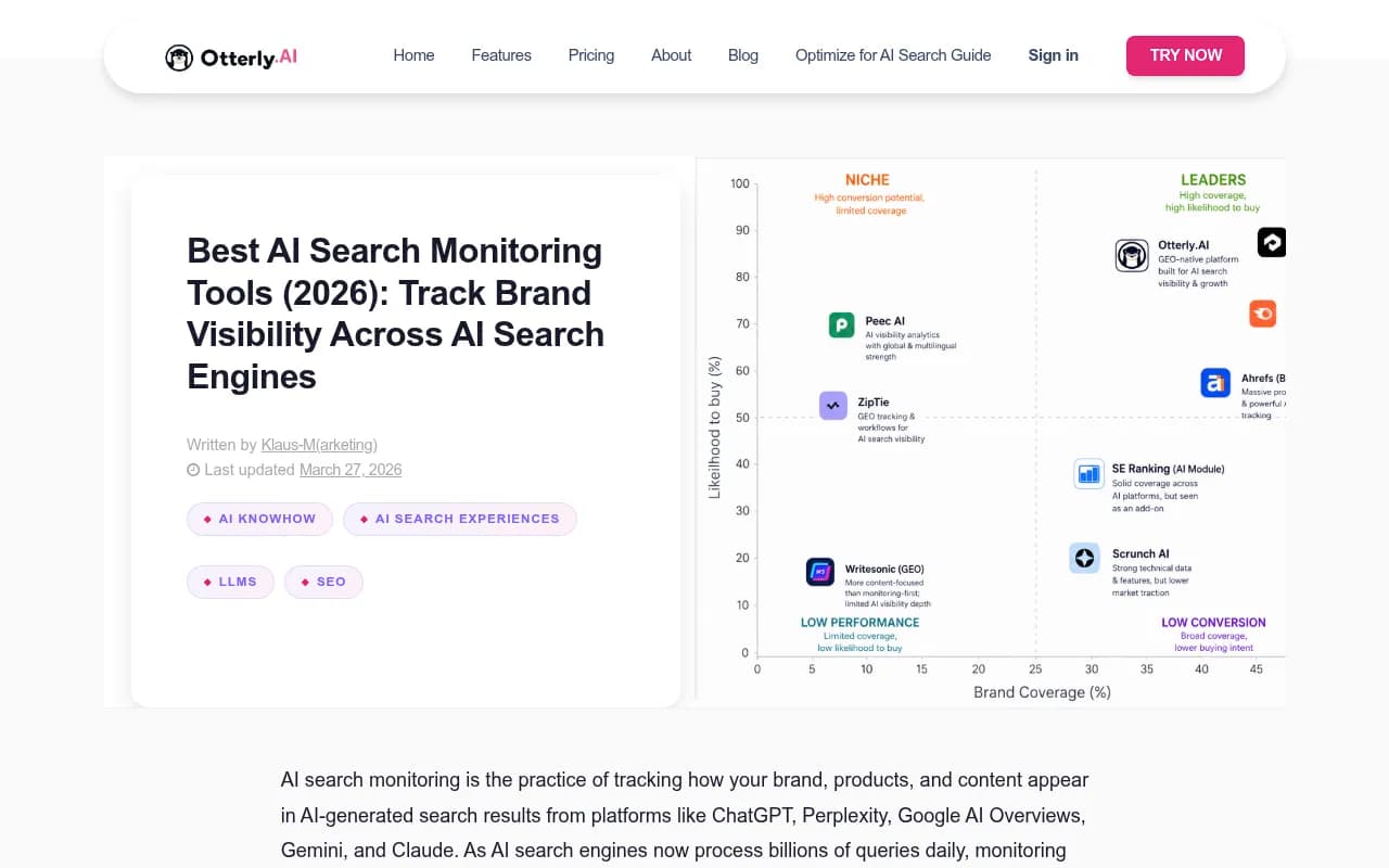 Otterly.AI blog showing best AI search monitoring tools roundup
