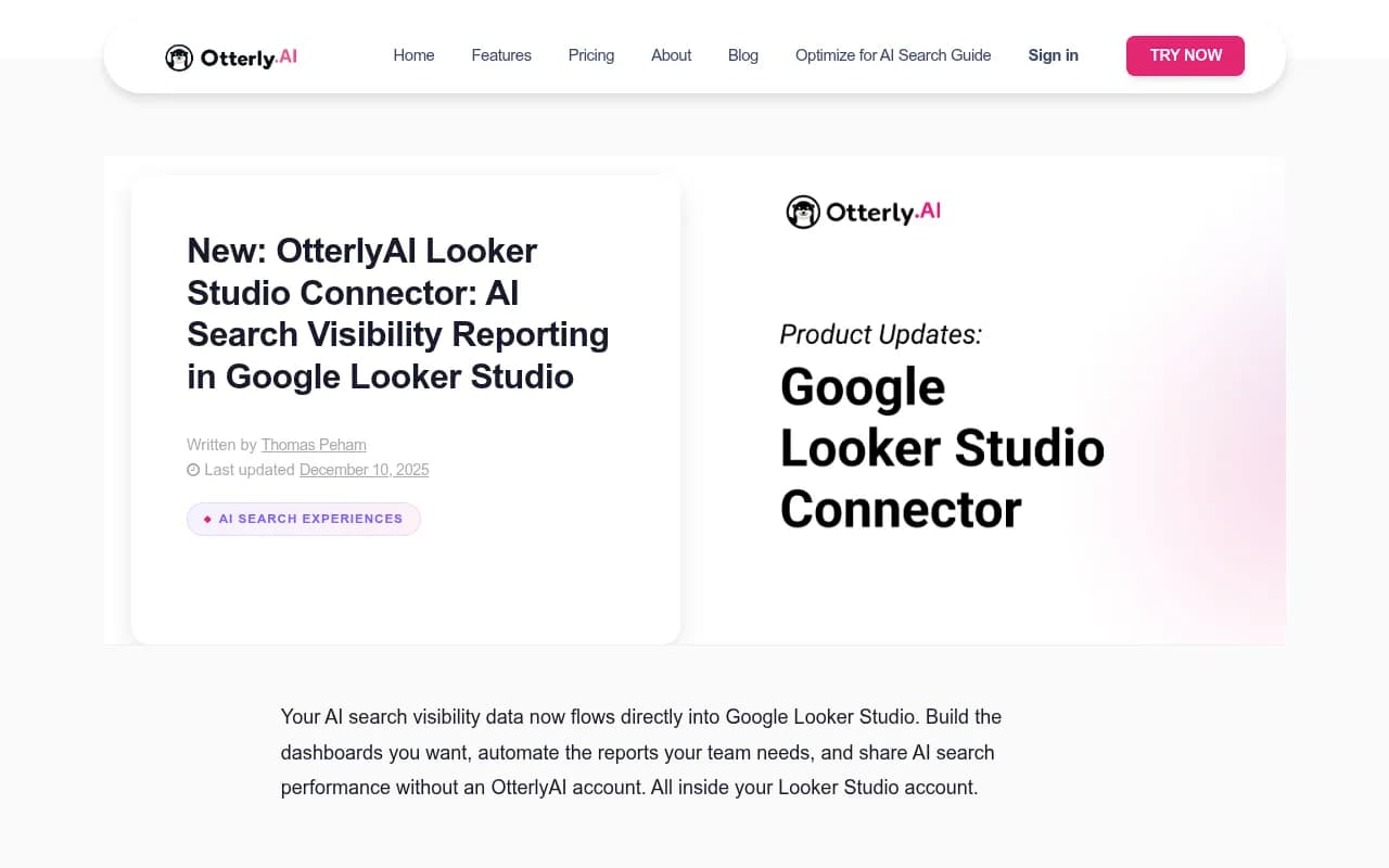 OtterlyAI's Looker Studio connector announcement showing how AI search visibility data flows into dashboards