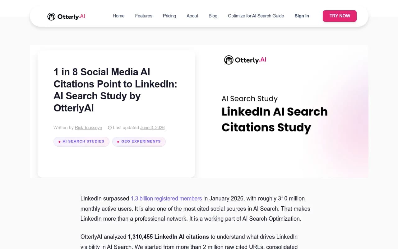OtterlyAI LinkedIn AI citation study with citation share by AI platform