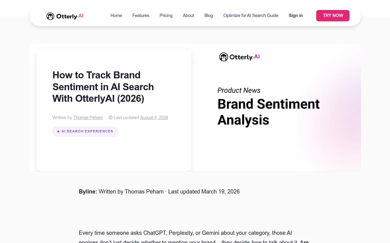 OtterlyAI's brand sentiment tracking walkthrough showing sentiment columns in the Brand Ranking view