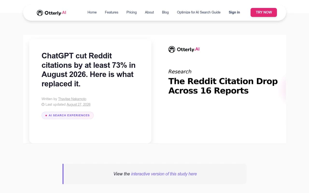 Otterly's study of ChatGPT's Reddit citation drop in August 2026 across 16 brand reports
